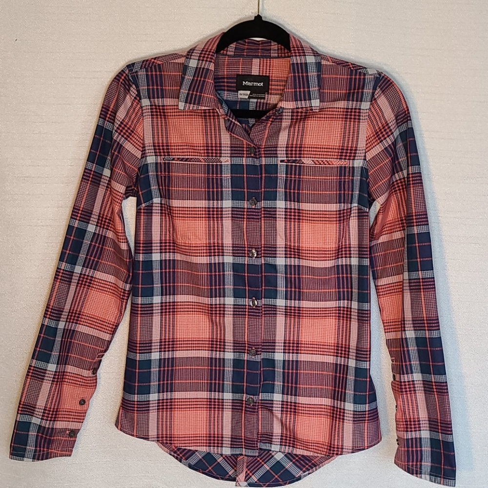 Marmot Top Button-Down Long Sleeve Blue Pink Plaid Size X-Small